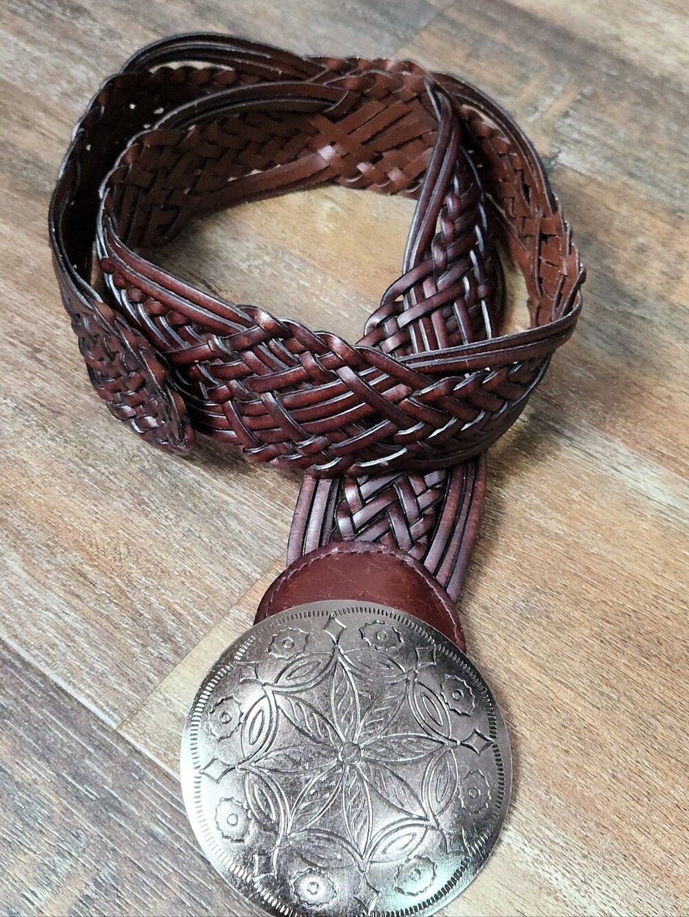 Boho Vibe: NY&Co Boho Braided Brown Leather Belt Large Silver Concho Buckle - Picture 5 of 9